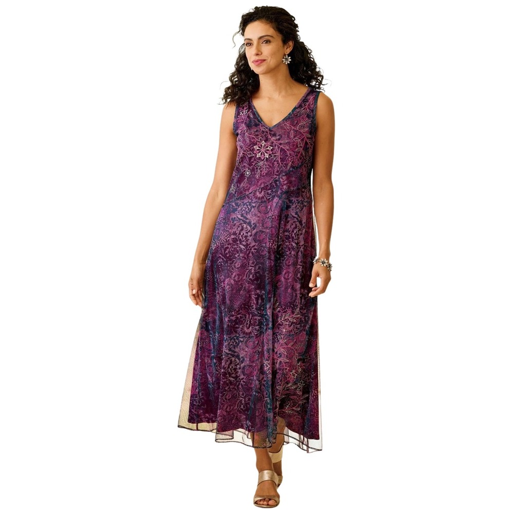 Soft Surroundings Dress Plus 2X Purple Embroidered Printed Mesh Maxi Boho 2HE23